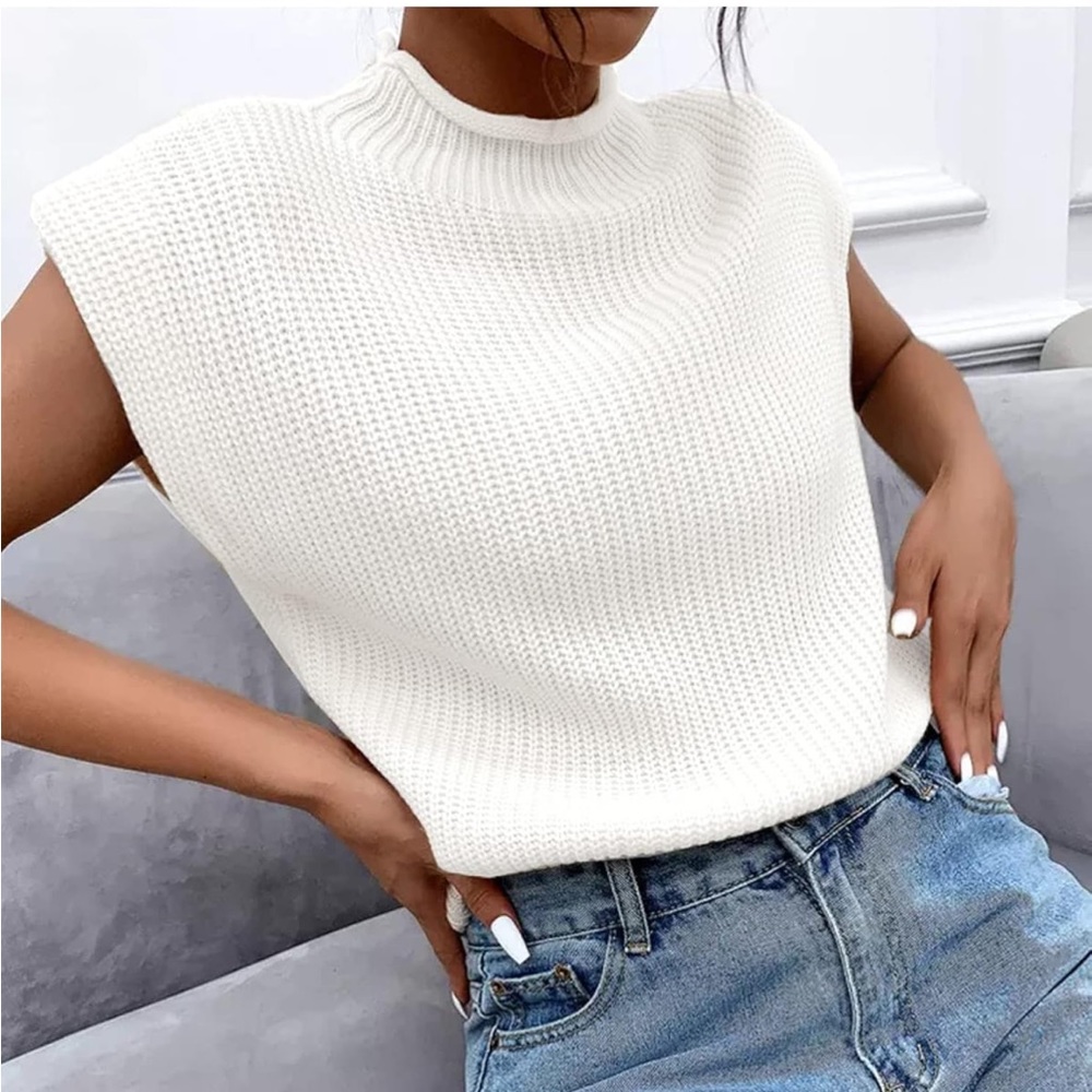 White Sleeveless Sweater Vest Turtleneck Ribbed Knit Tank Top